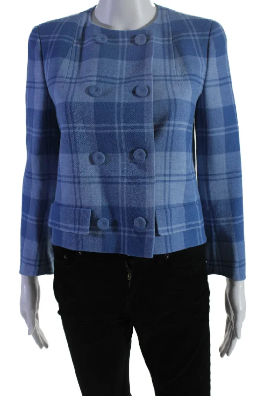 Akris Womens Long Sleeve Double Breasted Crew Neck Plaid Jacket Blue Wool