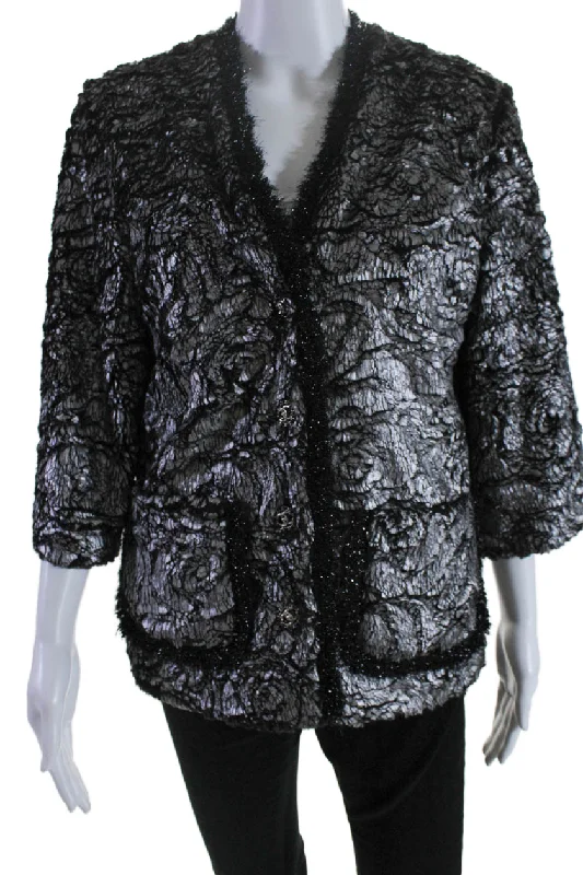 Chanel Womens Silk Metallic Faux Fur Buttoned Jacket Silver Black SIze EUR 36