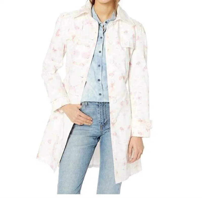 Floral Print Spring Poplin Trench Coat In Pink, White