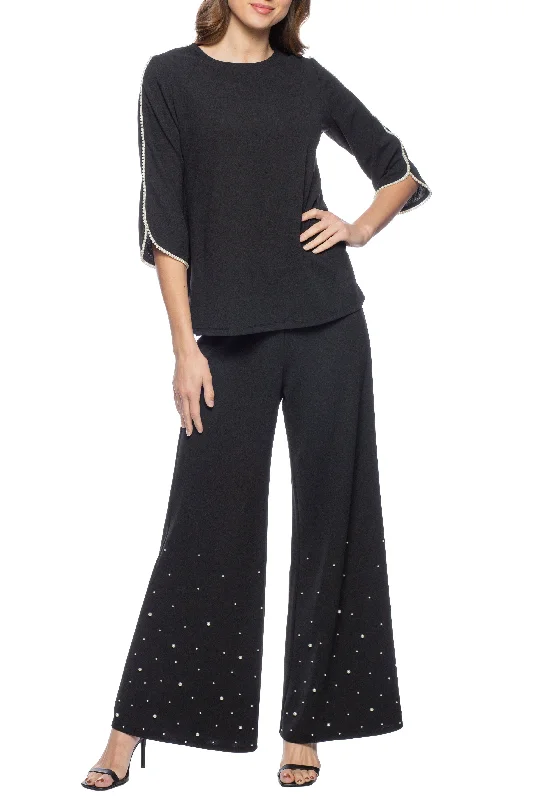 Marina  Embellished Sleeve Crepe Top with Straight Leg Pant Set