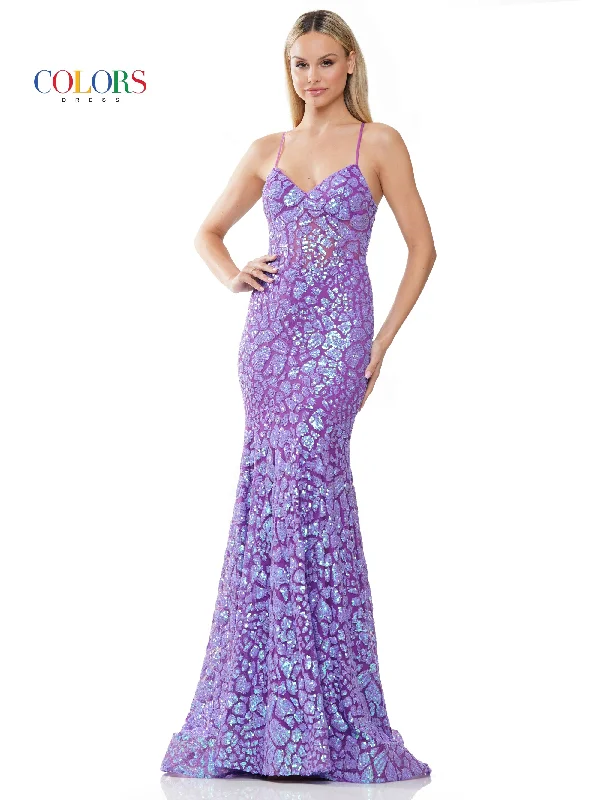 Colors 3113 Long Fitted Spaghetti Strap Sequin Prom Dress