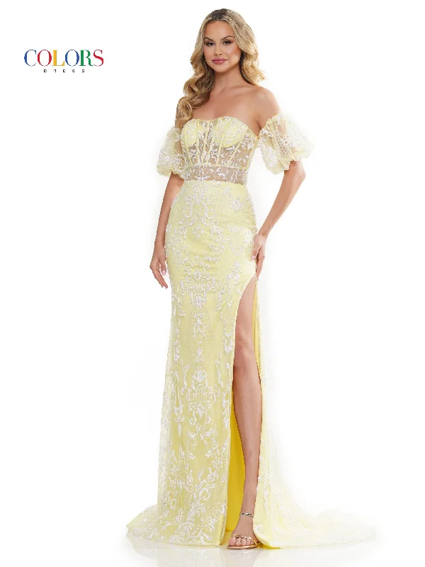 Colors 3160 Long Off Shoulder Glitter Mesh Prom Dress