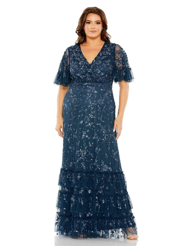 Mac Duggal 9270 Long Sequin Embellished Flutter Sleeve Faux Wrap V Neck Tiered Plus Size Dress