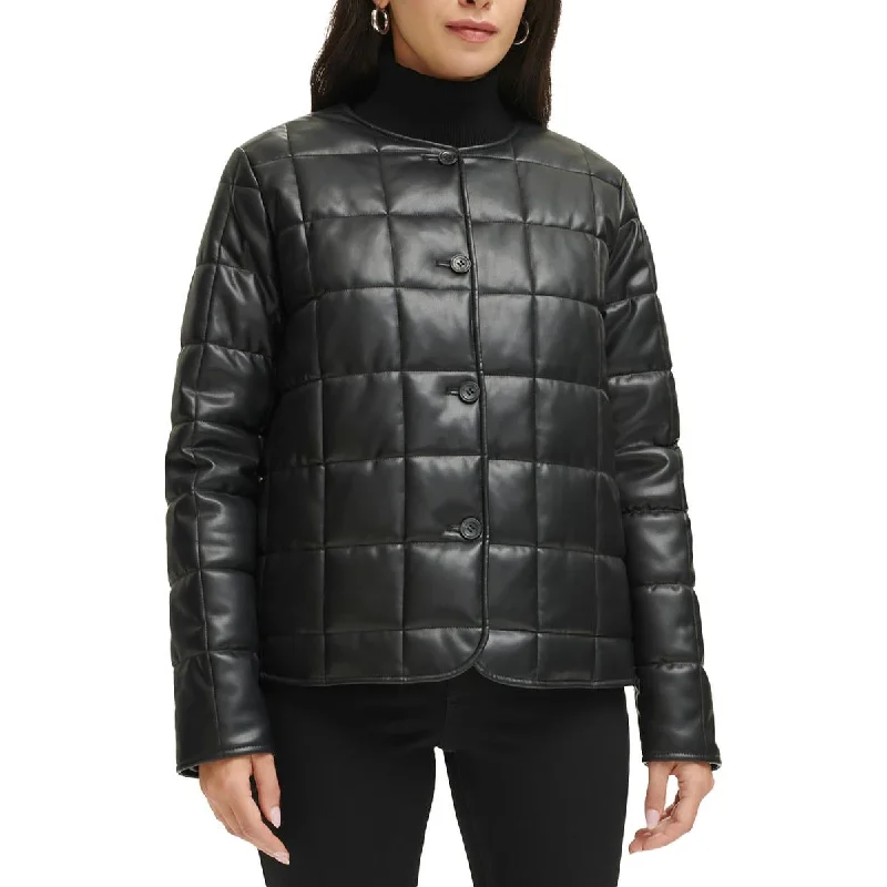 Womens Quiled Faux Leather Puffer Jacket