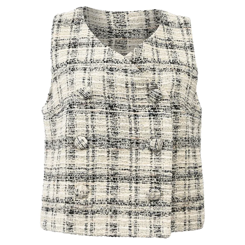 Lisa Marie Fernandez Double-Breasted Checked Tweed Vest in White Cotton