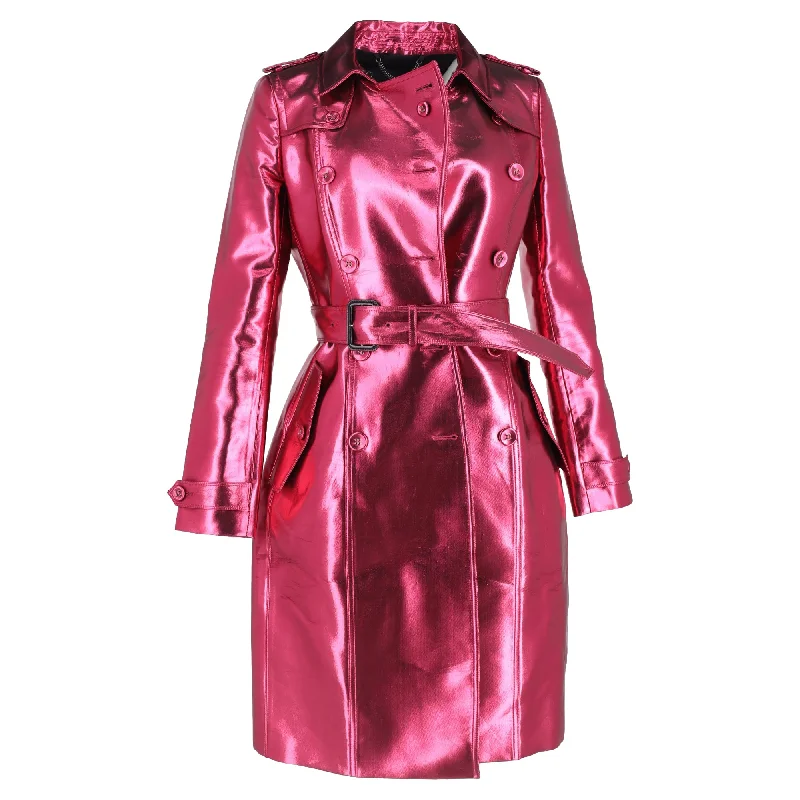 Burberry Belted Double-Breasted Trench Coat in Metallic Pink Acetate