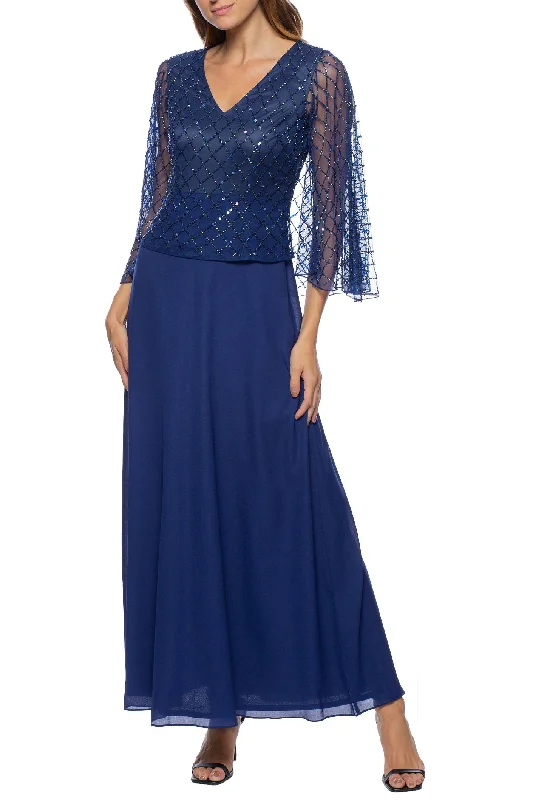 Marina  Long Sleeve Beaded Capelet Chiffon Dress