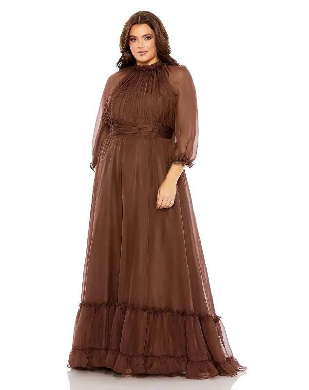 Mac Duggal 68426 Plus Size Puff Sleeve Tiered A Line Long Dress