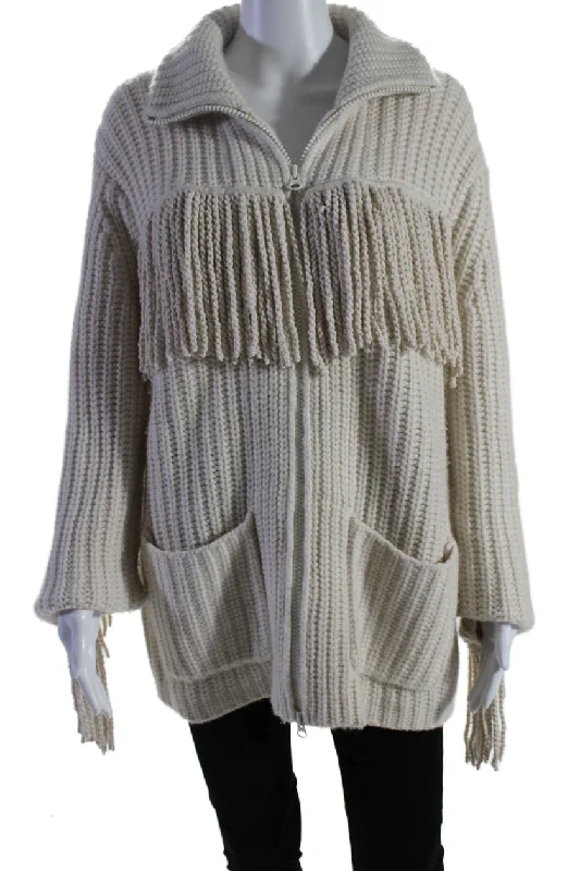 Lisa Yang Womens Front Zip Mock Neck Crochet Fringe Sweater Coat White