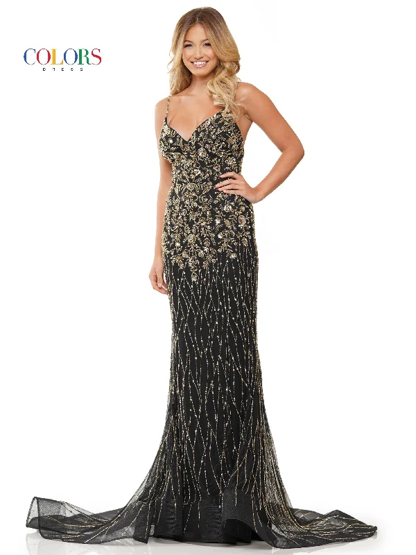 Colors 3152 Long Fitted Formal Beaded Mesh Prom Dress