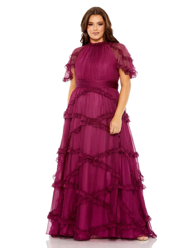 Mac Duggal 68424 High Neck Ruffle Tiered Flutter Sleeve Plus Size Dress