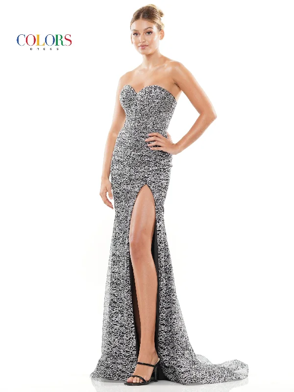 Colors 3103 Long Strapless Glitter Prom Dress