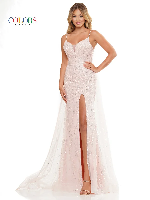 Colors 3127 Long Fitted Spaghetti Strap Prom Dress