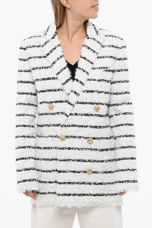 Balmain Striped Double Breasted Coat With Jewel Buttons