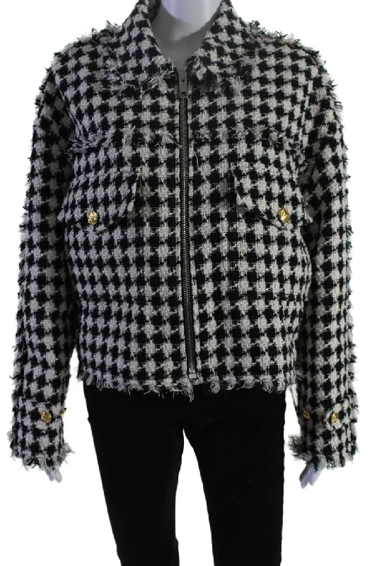 Gucci Womens Front Zip GG Pocket Fringe Plaid Knit Jacket Black White