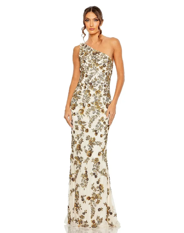 Mac Duggal 5955 Long Floral Beaded One Shoulder Dress