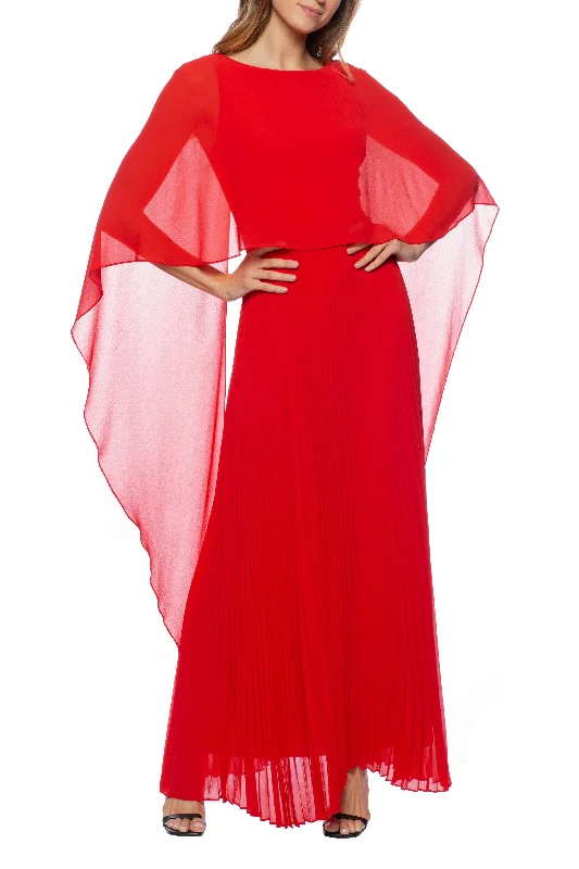 Marina  Long Capelet Pleated Chiffon Dress