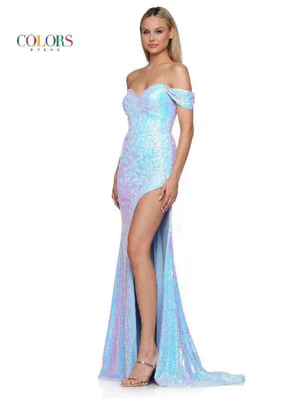 Colors 3144 Long Off Shoulder Sequin Fitted Prom Dress