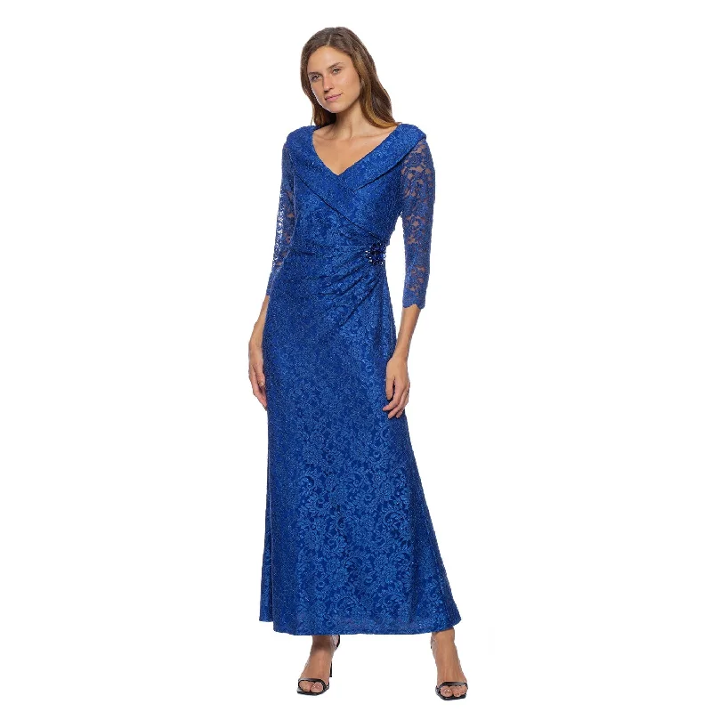 Marina  Long V Neck Shirr Lace Dress