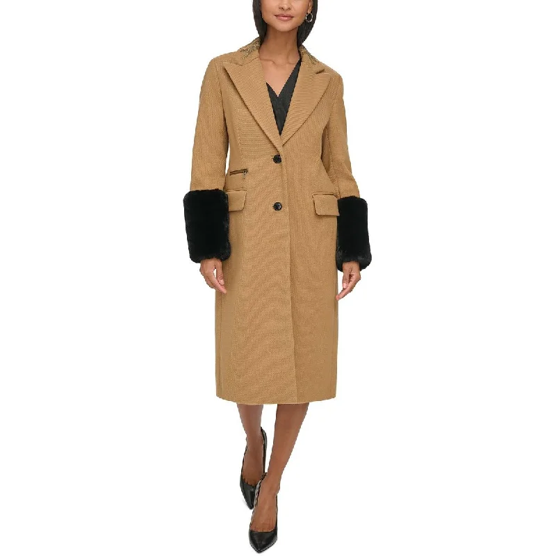 Womens Embellished Faux Fur Cuff Pea Coat