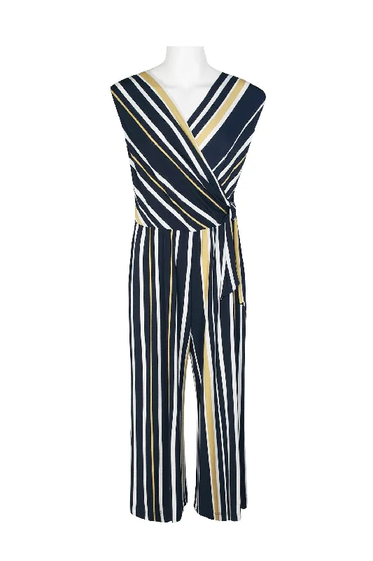 Connected Apparel Cap Sleeve Stripe Print Jumpsuit