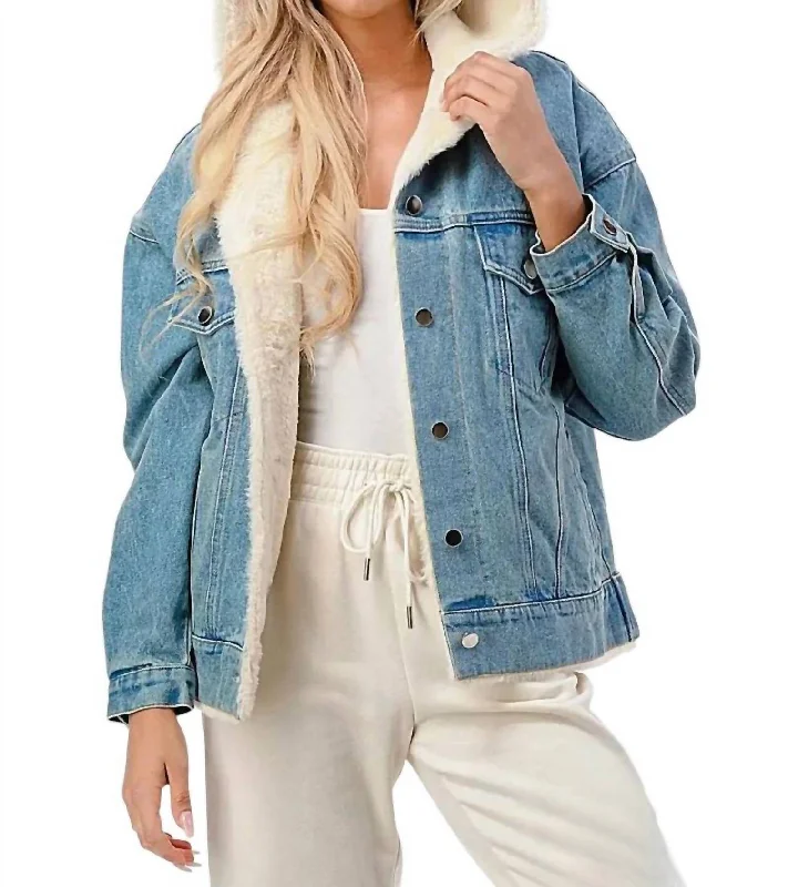 Evelyn Hooded Denim Jacket With Faux Fur Lining