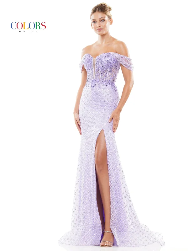 Colors 3105 Long Off Shoulder Glitter Mesh Prom Dress