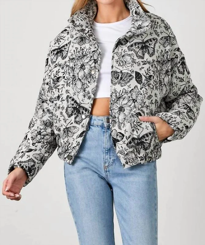 Fantasia Floral Jacquard Puff Jacket In Grey