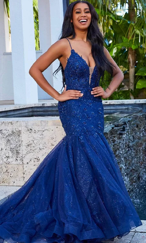 Jovani 07398 Embroidered Plunging Neckline Mermaid Long Prom Dress