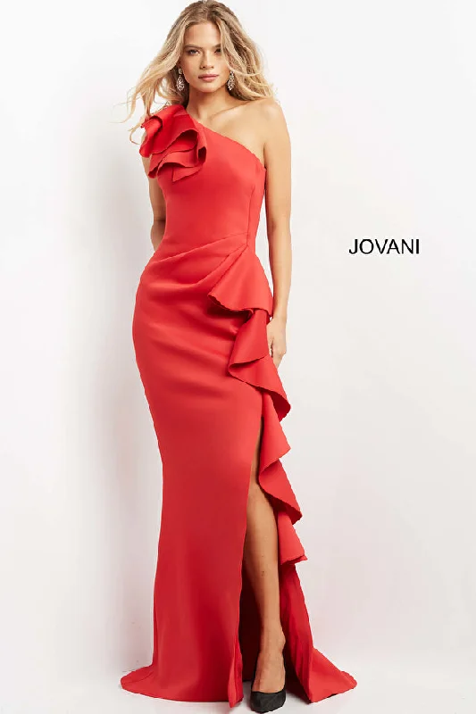 Jovani 06603 One Shoulder Ruffle Trim High Slit Formal Dress