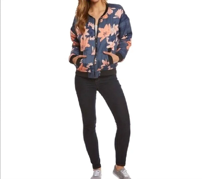 Floral Print Bomber Zip Up Puff Jacket In Blue, Pink