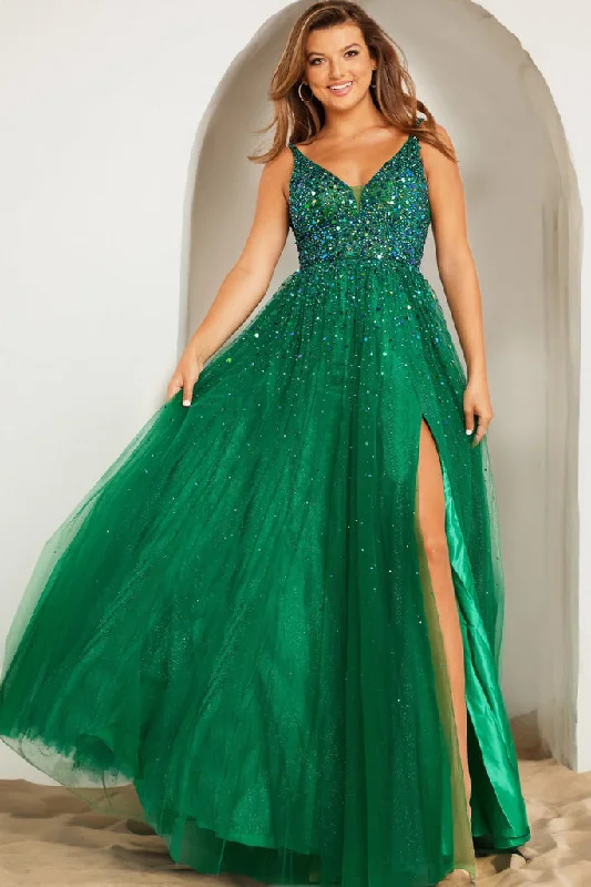 Jovani 38437 Sleeveless Embellished High Slit A Line Long Prom Dress