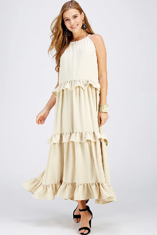 Long Halter Neck Ruffled Maxi Dress