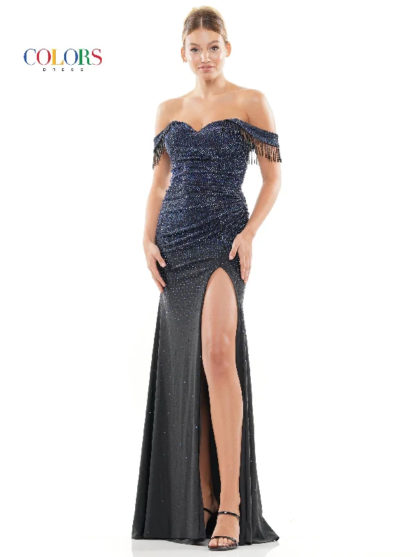 Colors 3288 Long Off Shoulder Satin Prom Dress