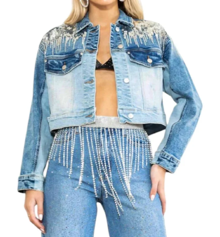 Celeste Rhinestone Studded Denim Jacket In Blue