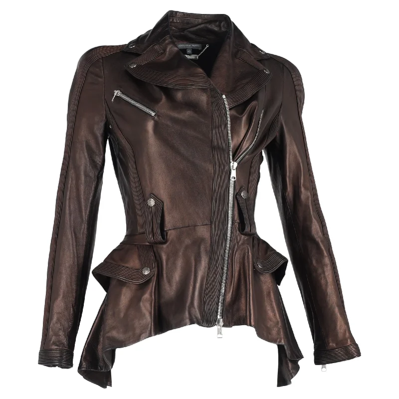 Alexander Mcqueen Peplum Biker Jacket in Brown Leather