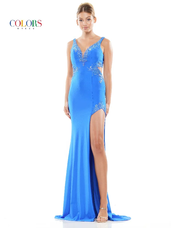 Colors 3292 Long Sleeveless Fitted satin Prom Dress