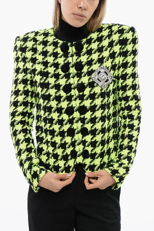 Balmain Neon Houndstooth Tweed Jacket With Velvet Buttons