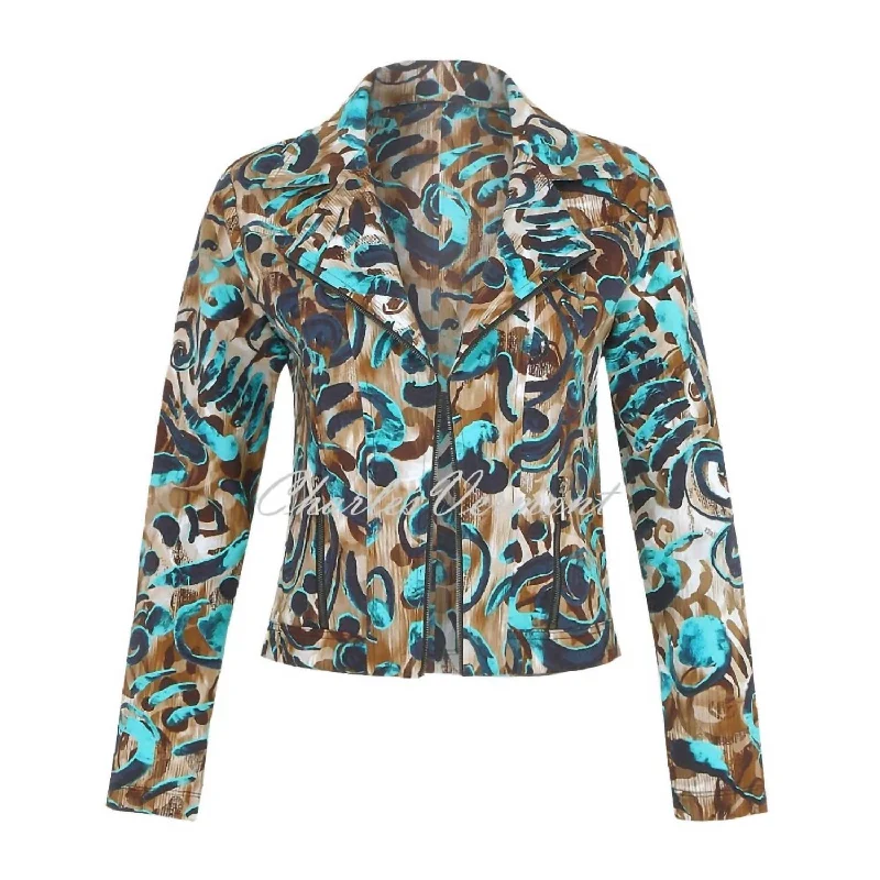 Knit Abstract Moto Jacket In Brown, Aqua, Multi