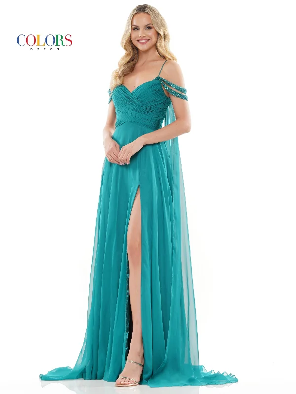 Colors 3101 Long Off Shoulder A Line Chiffon Prom Dress