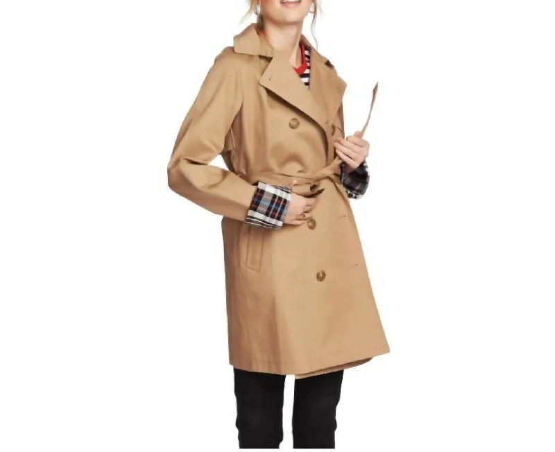 Plaid Lined Double Breasted Trench Coat In Tan