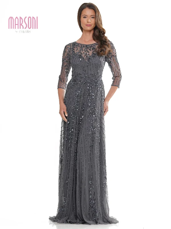 Marsoni MV1283 Mother of the Bride Beaded Mesh Quarter Sleeve Sheath Dress