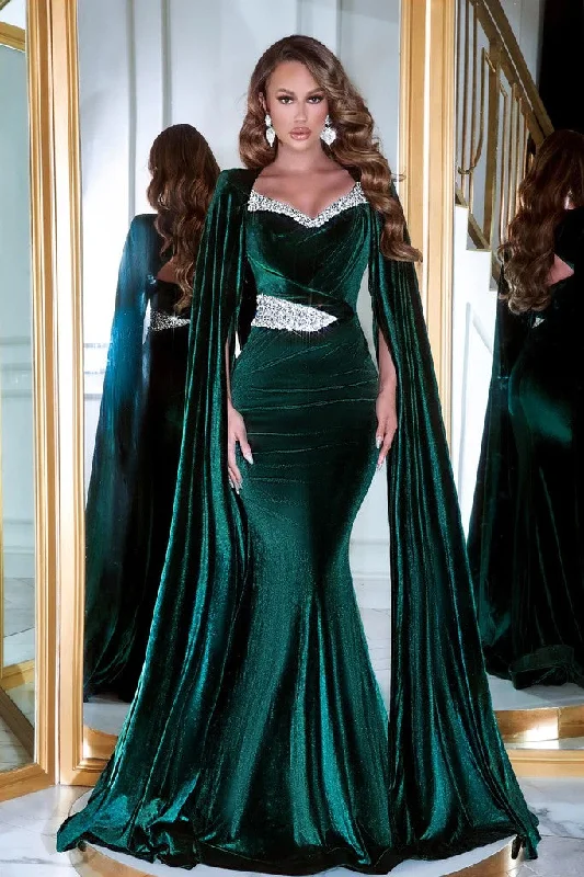 Portia and Scarlett PS23394 Long Cape Sleeve Velvet Mermaid Prom Gown