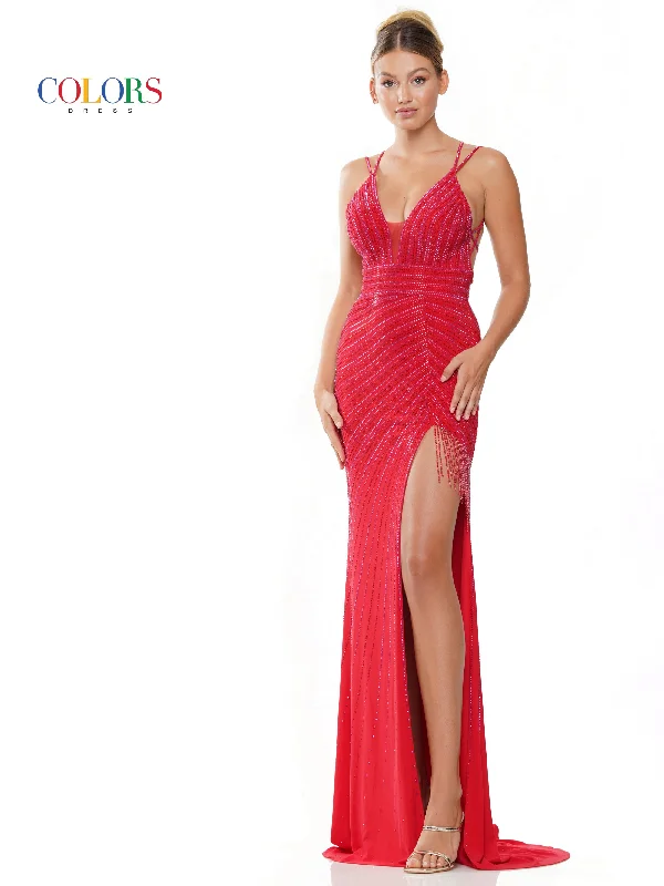 Colors 3092 Long Spaghetti Strap  Formal Beaded Prom Dress