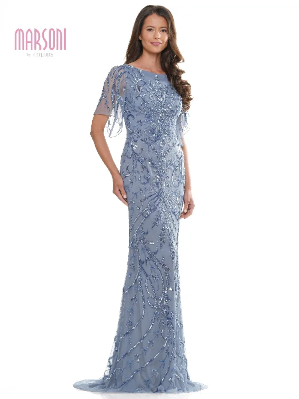 Marsoni MV1261 Mother of the Bride Long Beaded Mesh Short Sleeve Dress