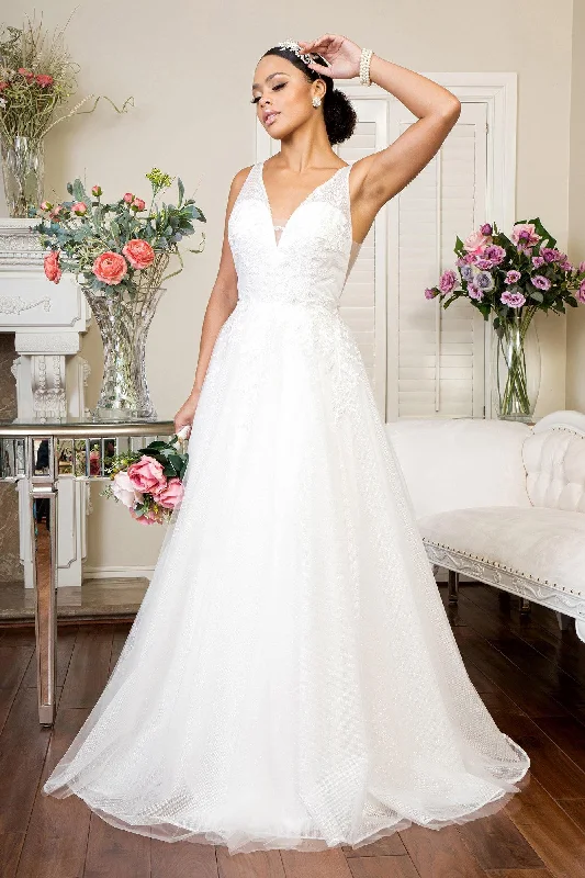 Long Floral Glitter Mesh Wedding Gown Sale