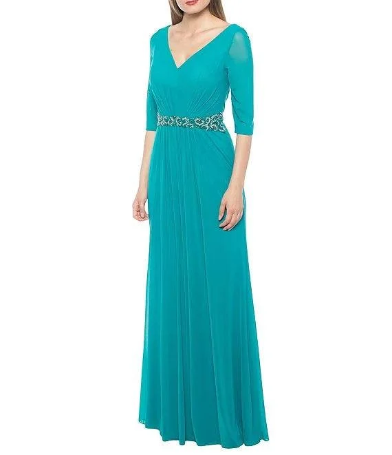 Marina Long Formal 3/4 Sleeve Pleated Chiffon Gown