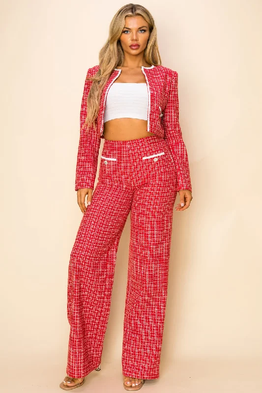 Long Sleeve Blazer Crop Shirt Pant 3 Piece Set