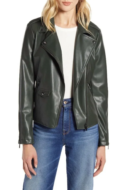 Faux Leather Motorcycle Biker Moto Jacket In Dark Green