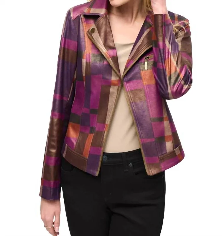 Retro Plaid Faux Leather Jacket In Multi